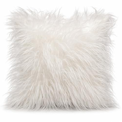 cushion mania Faux Fur Cushion Cover – Ultra Soft Fluffy Plush Throw Pillow Case, Luxury Shaggy Decorative Sofa Cushion Cover for Living Room & Bedroom (White, 21x21 Filled Cushion)