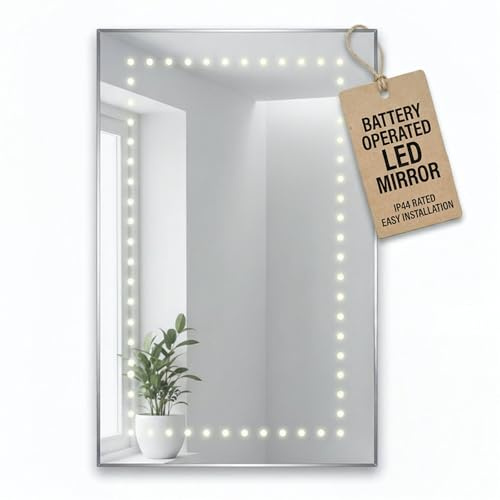 Maya Bathroom LED Mirror Battery Operated with Rocker Switch - 800x600mm | 8 AA Batteries, No Wiring, Wall Mounted, Slimline Design, IP44 Rated, Rectangular Mirrors, Aluminium Frame