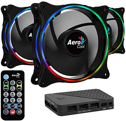 Aerocool Eclipse 12 Pro Bundle – 3 x ARGB fans 120mm, 1 x H66F HUB, Remote Control, RGB LED Dual Slim Ring Lighting, Includes 6-pin connector, Curved blades and Anti-Vibration Pads, PC Fan, Black