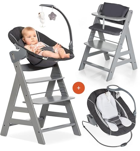 hauck Alpha+ Hochstuhl Newborn Set mit Deluxe Bouncer - Grau | Mitwachsender Holz Kinderhochstuhl ab Geburt bis 90 kg | inkl. Neugeborenenaufsatz & Sitzkissen