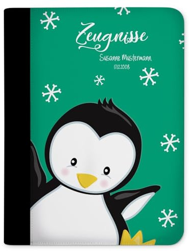 CreaDesign Zeugnismappe A4 mit Namen personalisiert für Kinder – Pinguin Petrol – Dokumentenmappe Schule ohne Klarsichthüllen