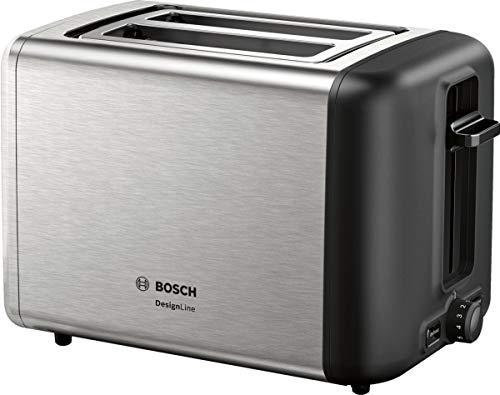 Bosch Kompakt Toaster DesignLine TAT3P420DE, integrierter Edelstahl-Brötchenaufsatz, mit Abschaltautomatik, mit Auftaufunktion, perfekt für 2 Scheiben Toast, Liftfunktion, 970 W, Edelstahl/schwarz
