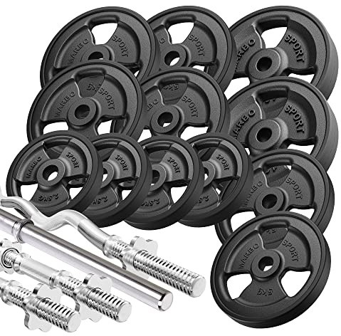 Marbo Sport - Set MW KIER_G Tri-Grip Hantelscheiben aus Gusseisen mit Gummi-Ummantelung, Gewichte mit Aufnahme Ø31 mm, 1 x SZ-Curlstange, 2 x Kurzhantelstange, 1 x Langhantelstange, 83 insg. Kg