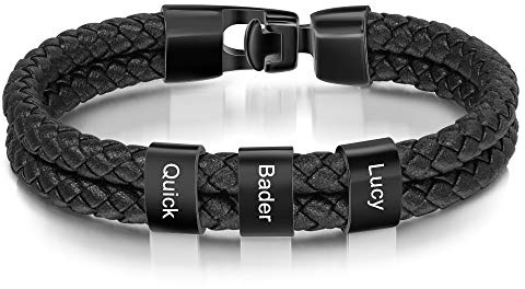 Personalisierte Armband mit 2~5 Name Perlen Herren Lederarmband Personalisiert Männer Braid Armband mit Namen Graviert Edelstahl Geschenk für Männer Vatertag