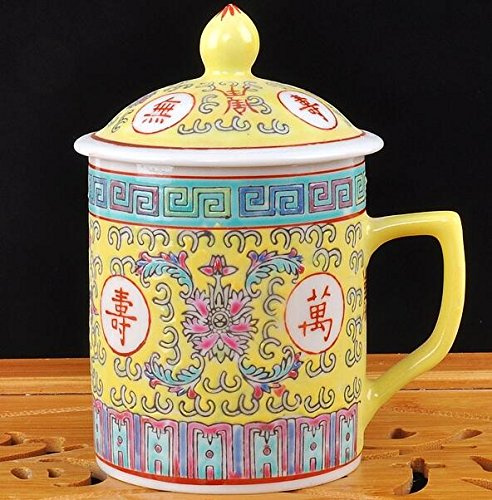 AIDEMEI Traditionelle chinesische Jingdezhen Keramik Blau und Weiß Porzellan Tasse Rot/Blau/Gelb Teetasse mit Deckel Trinkgeschirr 300ml