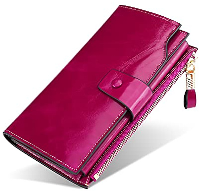 FORRICA Damen Geldbörse Lange Echte Leder Brieftaschen Groß Geldbeutel RFID Schutz Reißverschluss Portemonnaie Frauen Rindsleder Clutch Geldbörse mit Handyfach Lila