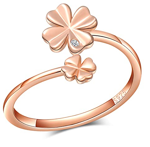 MicVivien Bague Trèfle Femme en Argent 925 avec Zircone Cubique, Anneaux de Trèfle à Quatre Feuilles Bague Porte-bonheur, Bague Ouverte Réglable Bague de Fiançailles pour Filles et Femmes