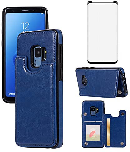 Asuwish Compatible con Samsung Galaxy S9 Wallet Case Protector de pantalla de vidrio templado titular de la tarjeta soporte de cuero Flip Cell Accesorios Funda Fundas para teléfono Glaxay S 9 Edge 9S