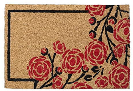 Relaxdays Fußmatte Kokos, B x T: 60 x 40 cm, mit Rosen, gummiert, innen und außen, romantischer Türvorleger, Mehrfarbig