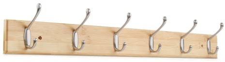 Garderobenhaken Wand Garderobenleiste Holz mit 6 Doppelhaken Kleiderhaken Bambus für Jacken, Mäntel, Schals, Handtaschen und Mehr, Natur