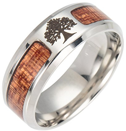 PAMTIER Bague Homme Arbre de Vie 8MM Anneau de Bande en Acier Inoxydable en Bois Incrusté Taille 65