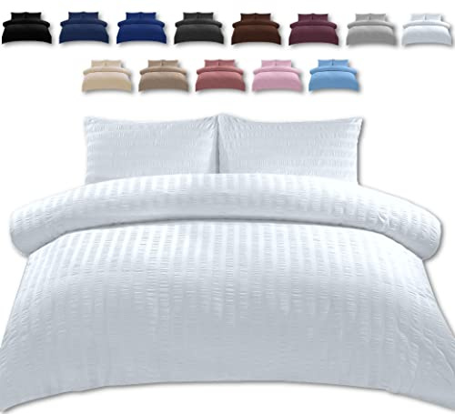 TheWhiteWater Double Bed Duvet Set - 2 in 1 Seersucker Bedding Set - Duvet Cover + 2 Matching Pillowcases (White, Double - Duvet Cover ONLY)