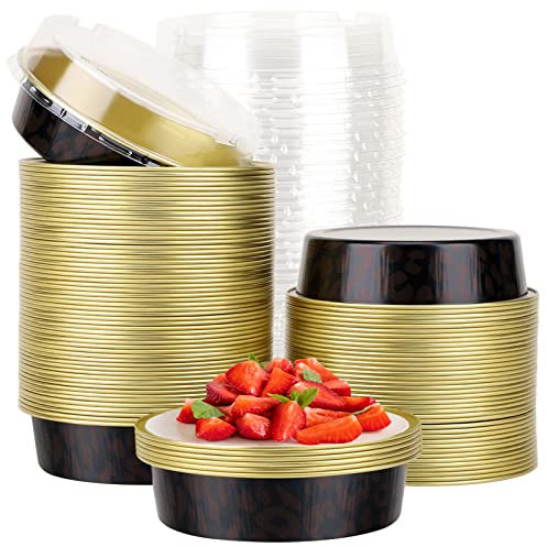 Beasea Confezione da 100 mini teglie da forno da 10,2 cm con coperchio, in alluminio, usa e getta, rotonde, piccole dimensioni rosso scuro, per cupcake, dessert, muffin, pirottini, cheesecake, quiche,