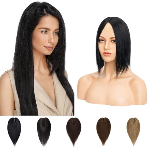 Silk-co Topper Extensions Echthaar Clip in Extensions Echthaar Toupet für Frauen Toupee Haarverlängerung 130% Dichte Hair Extensions 45cm-53g 01# Rabenschwarz