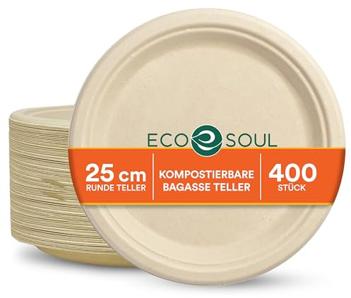 ECO SOUL Paper Plates (25Cm) 10 [400-Pack] Heavy Duty Compostable Sugarcane Bagasse Dinner Plates | Eco Friendly Biodegradable Disposable Plate for Dinner, Parties & Events