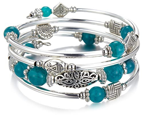 BULINLIN Beaded Silver Bangle Wrap Bracelet for Her, Layered Bohemian Bracelets with Natural Stone, Jewellery Gifts for Women Ladies (Sea green)