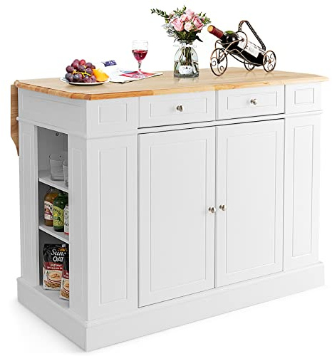 COSTWAY Isla de Cocina con Almacenamiento con Encimera de Madera, Cajones, Estantes Laterales y 2 Puertas, Carrito de Cocina con Estantes Ajustables de 3 Niveles (Blanco)