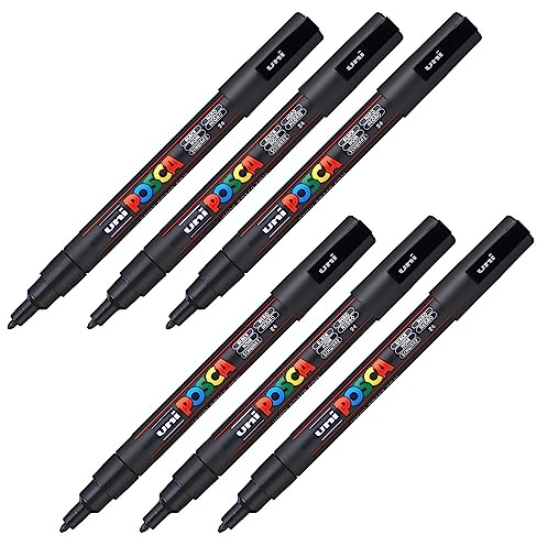 POSCA - Acrylmarker PC-3M Schwarz 6er Set | 6 Marker mit 0,9-1,3 mm Rundspitze für nahezu alle Oberflächen