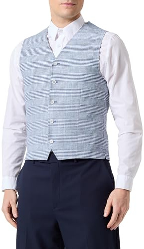 JACK&JONES JPRRIVIERA Chaleco de traje de lino para hombre, azul claro/cuadros: corte ajustado, 50, Azul claro/cuadros: corte ajustado, 50