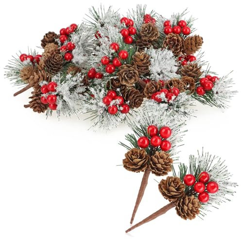 com-four® 20x Ramas Decorativas con Piñas de Alerce, Frutos Rojos y Agujas de árboles - Chispas navideñas - Ramas Decorativas para Coronas y arreglos (6 Piezas - Cuadros Rojos)