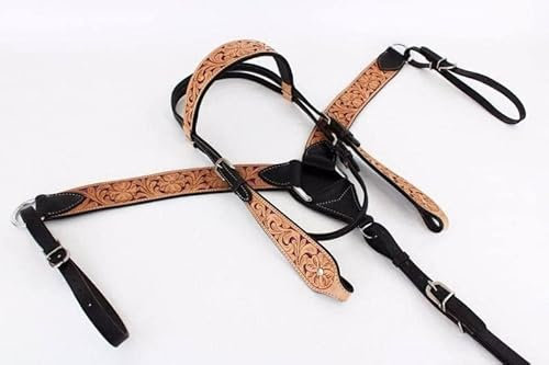 EQUIGEAR Western-Leder-Set mit handgefertigtem Kopfstück und Vorderzeug mit Zügeln. /Size-Full,Cob,Pony AV-050 (Full)