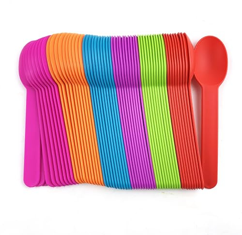 Heyiwell 50 Pieces Premium Plastic Wide Handle Spoons,Ice Cream Spoons Dessert Spoons 5.9 long,Random 5 Colors