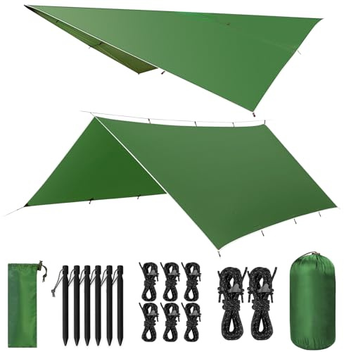 VOSOIR Tarp 3x4M Wasserdicht, Ultraleicht Camping Zeltplane, mit 15 Öse+6 Aluminiumstifte+8 Nylonseile, Anti-UV Schnee Regen Schutz, Leicht Kompakt für Hängematte Camping Picknick Wandern