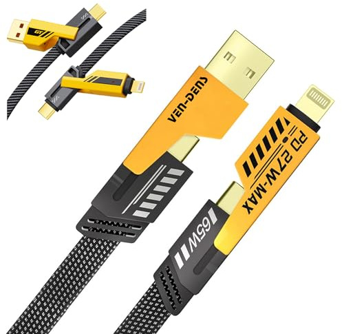 VEN-DENS 65W 4-in-1 Charger Cable Fast-Charging Flat USB-C to USB-C Cable | with USB-A & Lightning Connectors - Universal Multi Device Cord - Compatible with iPhone MacBook iPad Android