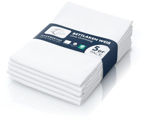 Moon - Angebot!! 5er Pack Haustuch, Bettlaken, Betttuch - ca. 150x250 cm für 100x200 cm Matratze ohne Gummizug - waschbar bei 95° (weiß)