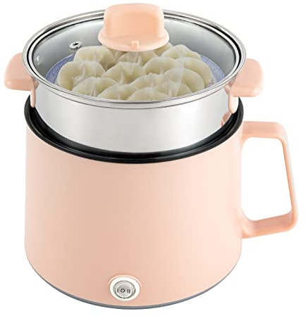 MIIWWOWO 1.7L Hot Pot Elektrischer Dampfgare mit Deckel, Edelstahl Topf Elektrischer Kochtopf Edelstahl Hot Pot Antihaft Multikocher, 220V Elektrischer Hot Pot Multi Kochtopf Mini Dampfgare (Rosa)