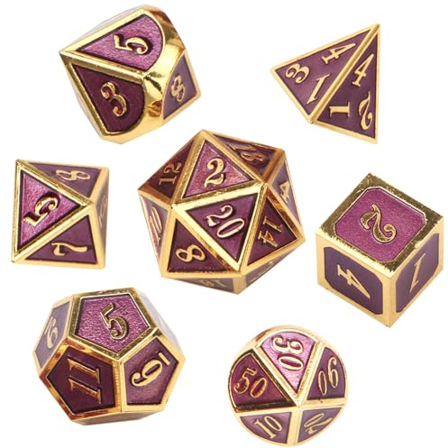 ORUZA 7 Stück DND Metall Würfel Set, Lila Polyedrische Würfel Set D&D Würfel Set für Dungeons und Dragons RPG MTG TTRPG Pathfinder Rollenspiele Tischspiele Würfel