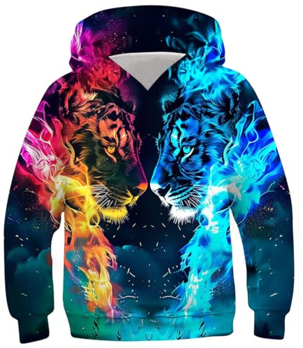 Fanient Tröja Barn Barn Tiger Flame Tryck Huvtröja Flicka Tröja Pojkar Långärmad Tröja Cool Färgglad Sweatshirt 8–11 år M, Flame Tigers, 8-11 años
