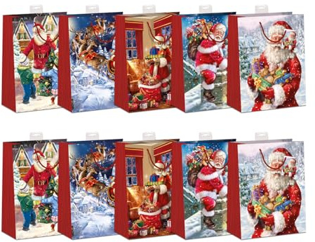 Geschenktüten Weihnachten DIN A5 | Stabiler Boden, Randverstärkung & Karte | Geschenktaschen Weihnachten, Weihnachtstüten | 18x23x10cm | FSC®-zertifiziertes Papier (150 g/m²) | 10 Stück