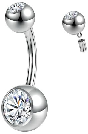 ZS ASTM F136 Titan Bauchnabelpiercing Schmuck, 14G Cubic Zirconia Bauchnabelring, langer Stab Körperpiercingschmuck für Frauen, Curved Barbell Belly Button Rings (Kugel&CZ;Stab:Silber;L:10mm)