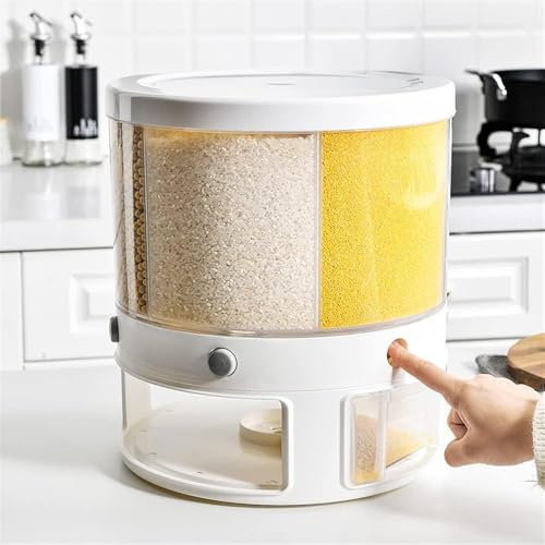 TimoBifu Rice Dispenser, 6 Grid Rotating Food Dispenser Rice Bucket 360° Rotatable Cereal Dispenser Storage Dry Food Storage Containers