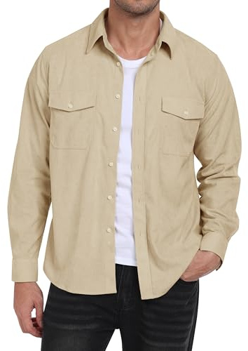 MoFiz Camicia da Uomo in Velluto a Coste Maniche Lunghe Camicia Giacca Casual Button-Down Calda Morbida Camicia Autunno Inverno con Tasche Beige EU L