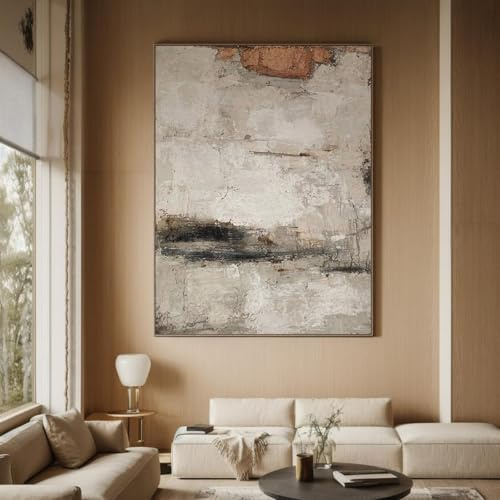 Cuadro abstracto minimalista en beige y negro, cuadro grande sobre lienzo, cuadro minimalista en beige sobre lienzo para sala de estar, 50 x 70 cm (20 x 28 pulgadas) con marco