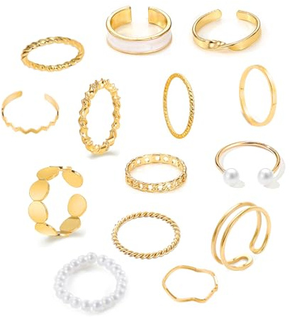 Hernin 14 Stücke Gold Ring Set Damen Frauen Golden Verstellbare Ringe Set Vintage Punk Ringe Stapelbare Offene Ring Verstellbare Rings Damen Vintage Knöchelringe Daumenring (Gold Set A)