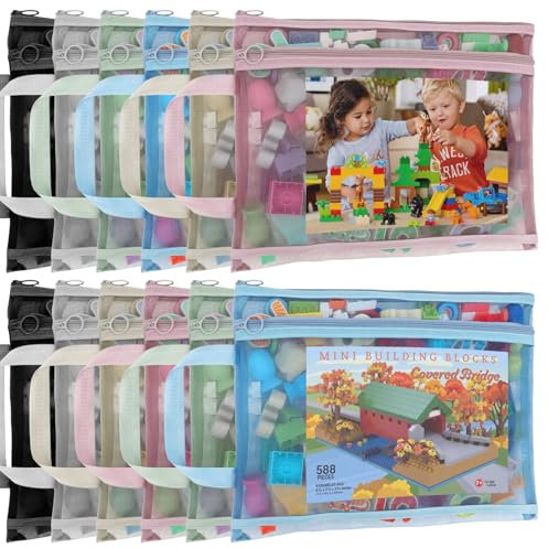 12 Pack Mesh Zipper Pouch Bags, Double-Layer Nylon Puzzle Storage Bags, Breathable See Through Zipper Pouch with Handle for Classroom Organization and Storage, Board Game Storage, A4