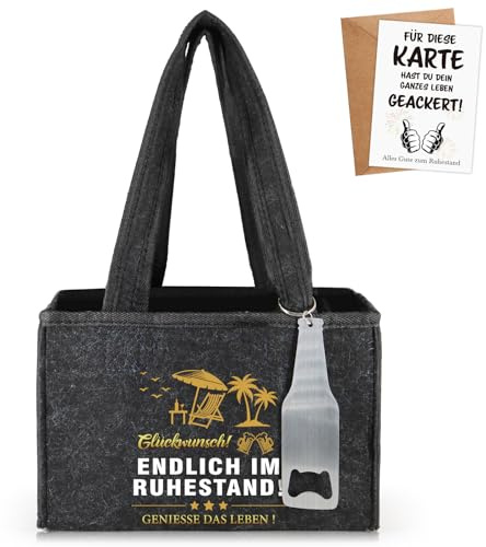 WenmthG Witzige Ruhestand Geschenk Männerhandtasche Bier mit Flaschenöffner und Grußkarten für Männer Mann Frauen Freund Kollegen Biertasche aus Hochwertigem Filz Flaschenträger für 6 Bierflaschen