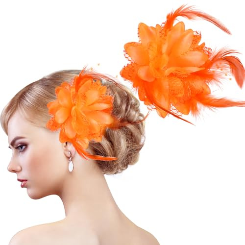 MWOOT 2 Stück Feder Blume Haarspange, 1920er Fascinator Feder Haarnadel für Damen, Orange Blumen 20er Jahre Haarschmuck für Karneval Halloween Cocktail Hochzeit Tee-Party Accessoires
