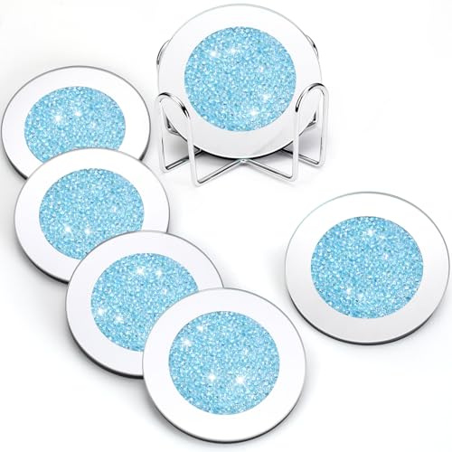 Jetec 6 Pcs Mirrored Glass Coasters with Holder, Bling, Navy Blue, 4 Inch | Crystal Rhinestone Design, Round Cup Mat, Crushed Diamond Christmas Table Decor, Bar and Kitchen Use, Housewarming Gift