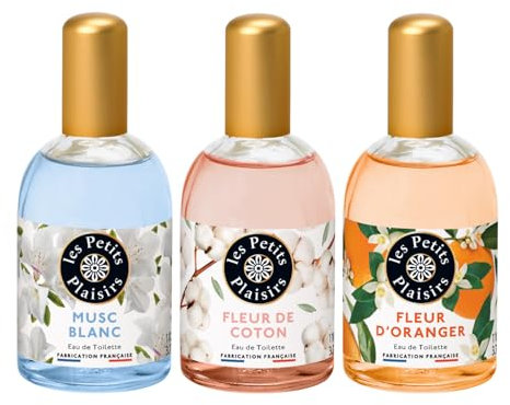Les Petits Plaisirs - Lot de 3 - Eau de toilette Musc Blanc, Fleur de Coton & Fleur d’oranger. Eau de toilette femme, Délicates & Enveloppantes. Coffret cadeau. Made in France. 110ml