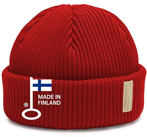 TUOHIMÄKI Fiskarmössa Röd Herr & Dam – 100% Mulesingfri Merinoull – Sjömansmössa Röd Stickad – Varm Vintermössa Signalröd Made in Finland