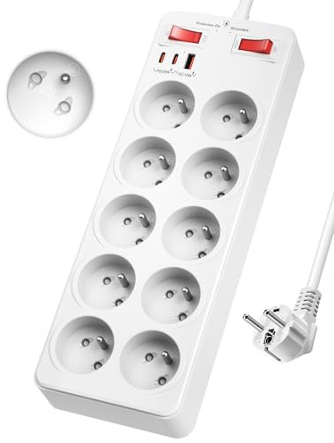 Multiprise Parafoudre et Surtension, 10 Prises Française avec Terre 2P+T | Multiprise USB C PD20W Charge Rapide, Prise Multiple avec Interrupteur Parasurtenseur, Rallonge Electrique 2m Câble, Blanc