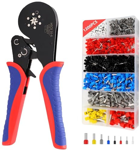IUSOT Crimptång set trådhylsa tång 0,08 – 16 mm² 1 200 stycken enkeltråd/dubbeltrådhylsor med kabelskalare sexkant/fyrkantig presstång för hemmafixare, hushåll, elektrisk installation