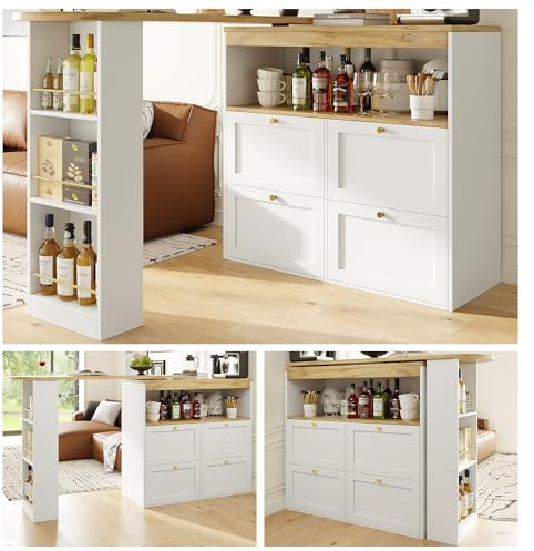 DRIXNO 360° Drehbarer Bartisch (Hauptkörper 105 x 39 x 102 cm), mit 4 Schubladen und offenen Ablagen, geeignet für Esszimmer, Arbeitszimmer, Wohnzimmer, Weiß