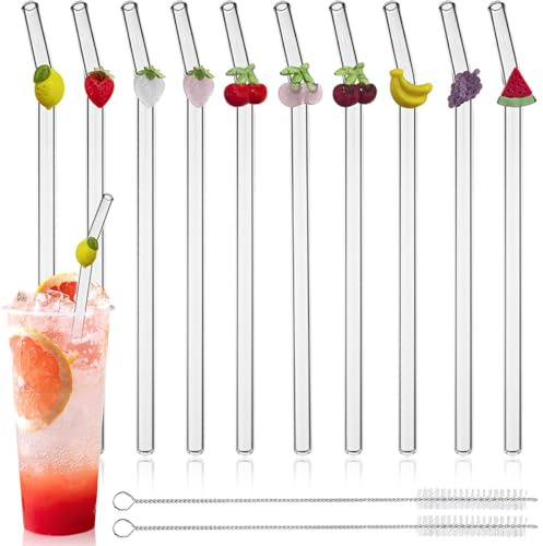 10 Stück Strohhalme Glas, Wiederverwendbar Glas Strohhalm, Trinkhalme Glasstrohhalme Gebogen mit 2 Reinigungsbürsten für Säfte, Cocktails, Smoothie, Kaffee, Milch (Obst)