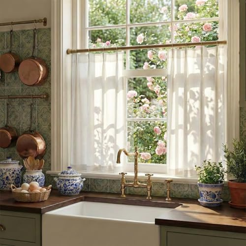 NICETOWN Pinch Pleated Linen Short Curtains Tiers 36 Inches Long for Kitchen Over Sink, 2 Panels Set Natural Farmhouse Light Filtering Sheer Window Covering for Cafe Bar, 26 W x 36 L
