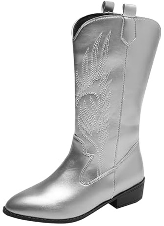 DFSDJEUW Womens Cowboy Boots Wide Calf Waterproof Mid-Calf Cowgirl Boot Comfortable Slip on Festival Boot Retro Chunky Heel Country Boots Western Wedding Shoes Winter Wide Fit Ankle Cowboy Boots